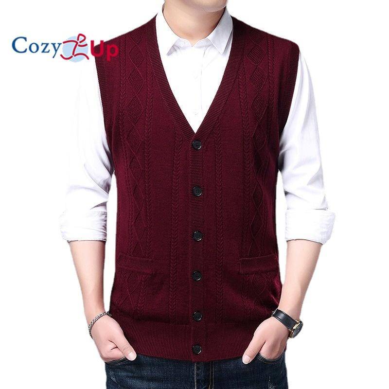 Cozy Up Jacquard warme Herren-Wollweste, ärmellose Strick-Cardigan-Weste für Herren mit Tasche XXL rot von Joom DACH