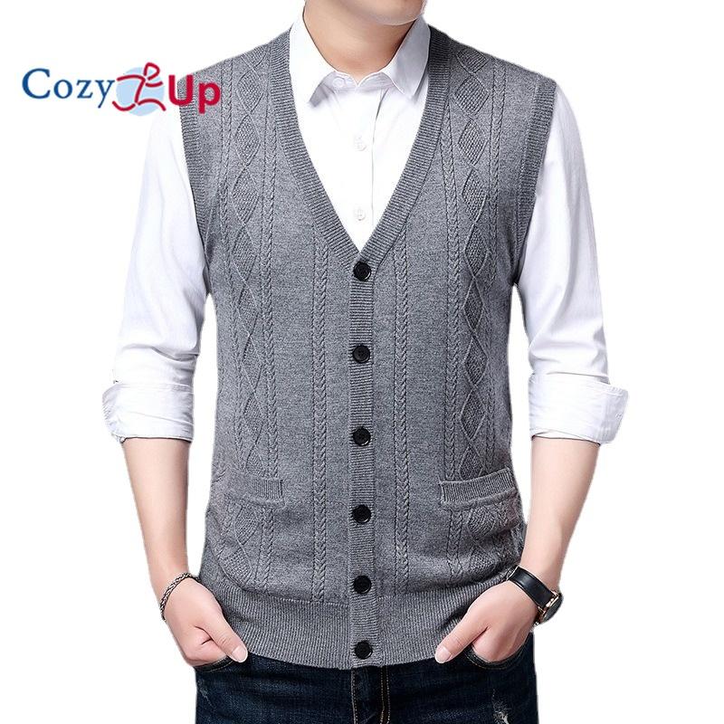 Cozy Up Jacquard warme Herren-Wollweste, ärmellose Strick-Cardigan-Weste für Herren mit Tasche XXL grau von Joom DACH