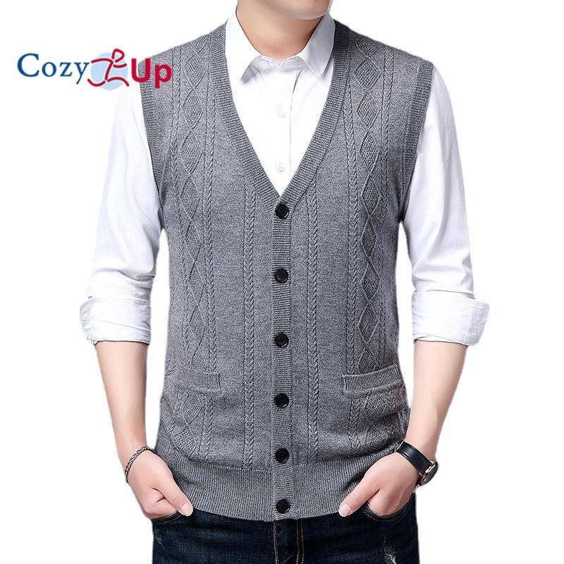 Cozy Up Jacquard warme Herren-Wollweste, ärmellose Strick-Cardigan-Weste für Herren mit Tasche XXL grau von Joom DACH