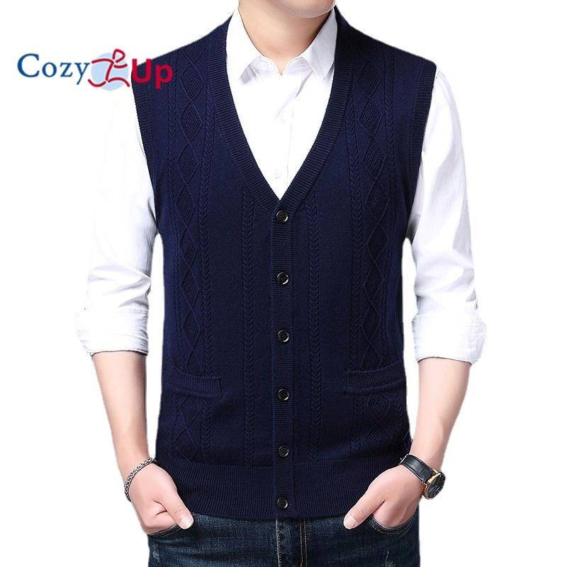 Cozy Up Jacquard warme Herren-Wollweste, ärmellose Strick-Cardigan-Weste für Herren mit Tasche XXL navy blau von Joom DACH