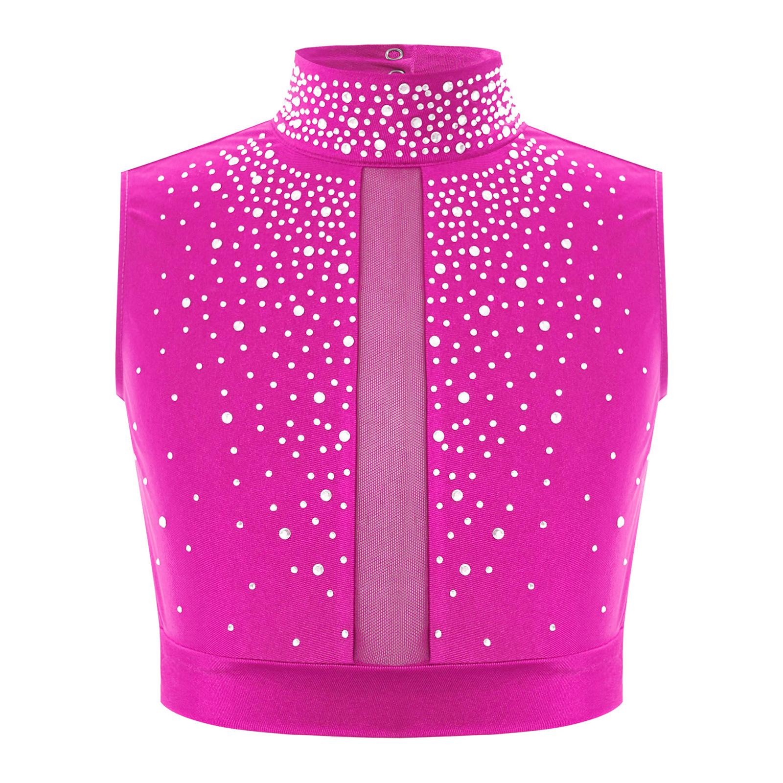 Crop Top für lyrischen Tanz mit Stehkragen, ärmellos, Schlüsselloch-Rücken, Strass-Details für zeitgenössische Aufführungen für Mädchen 11-12 Years heißes rosa von Joom DACH