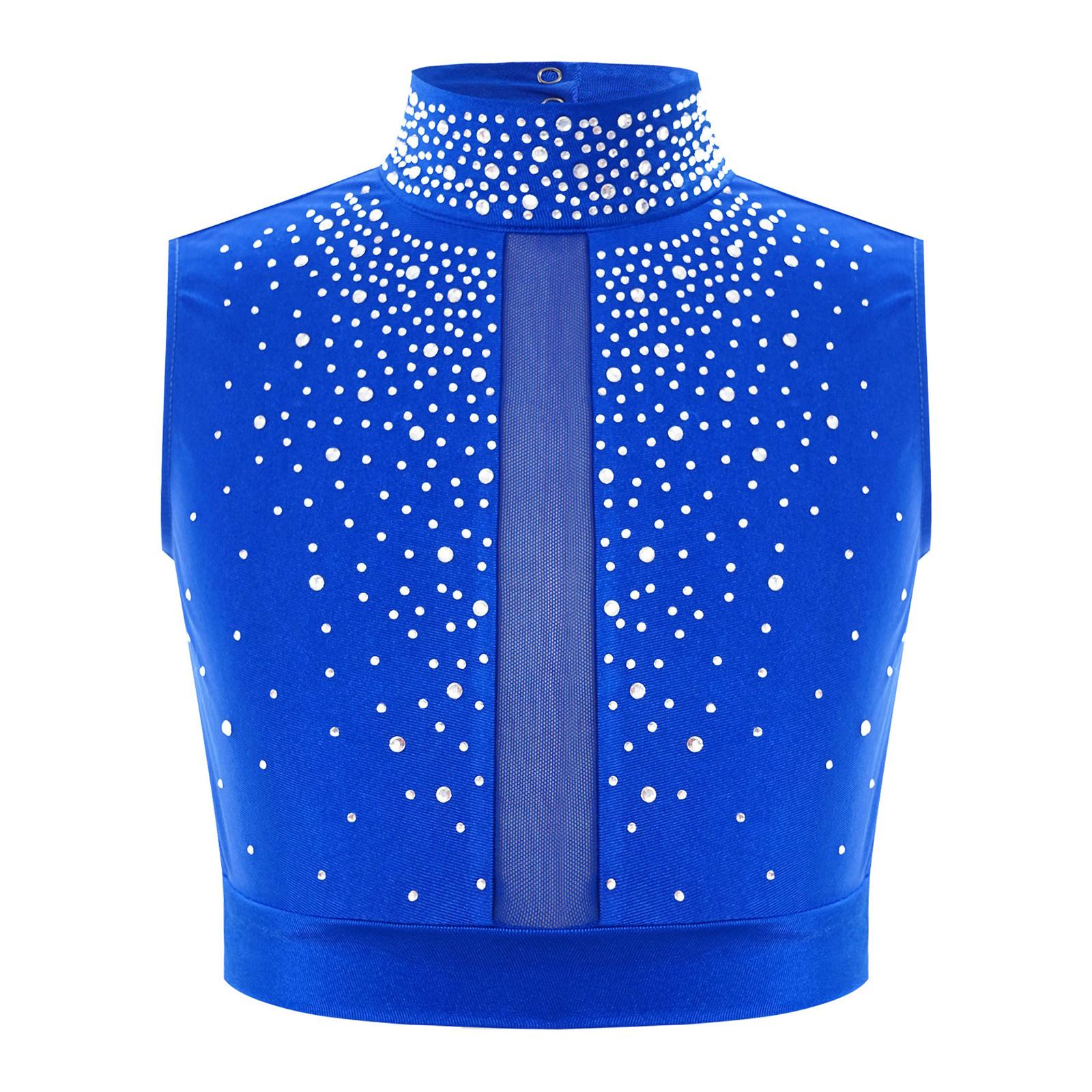 Crop Top für lyrischen Tanz mit Stehkragen, ärmellos, Schlüsselloch-Rücken, Strass-Details für zeitgenössische Aufführungen für Mädchen 7-8 Years blau von Joom DACH