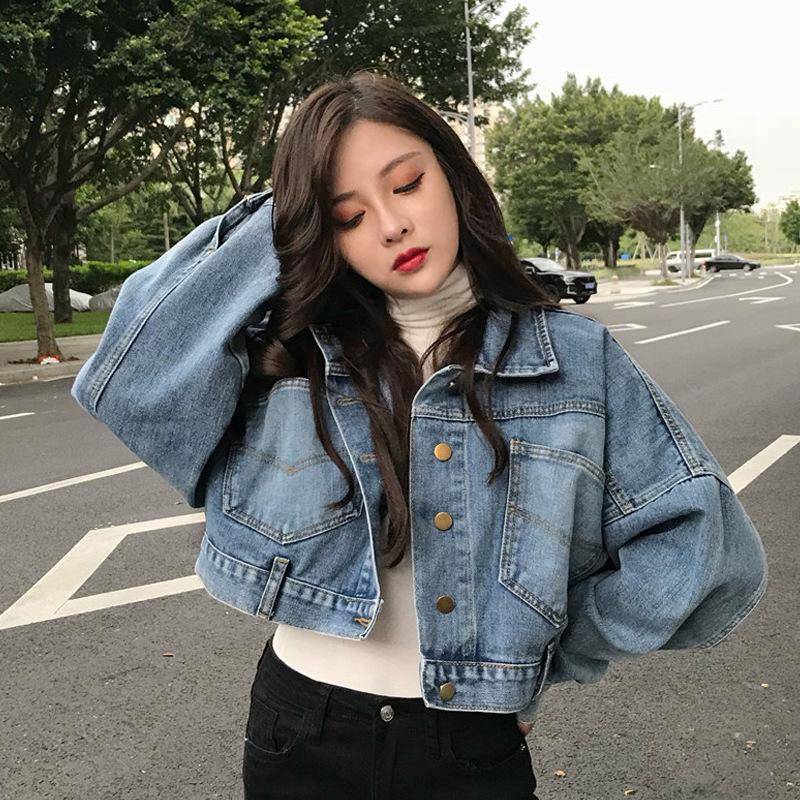 Cropped Denim Jacke Frauen Koreanische Mode Zurück Split Buttons Up Bomber Jacke Weibliche Revers Langarm Jeans Mäntel Plus Größe XL blau von Joom DACH