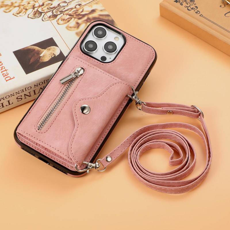 Crossbody Schultergurt Reißverschluss Portemonnaie Ledertasche für Samsung Galaxy S23 S22 S21 S20 S10 A52 A72 A14 A24 Multi-Card Slot Orgel Design Stand Cover iPhone 7/8/SE2/SE3 rose gold von Joom DACH