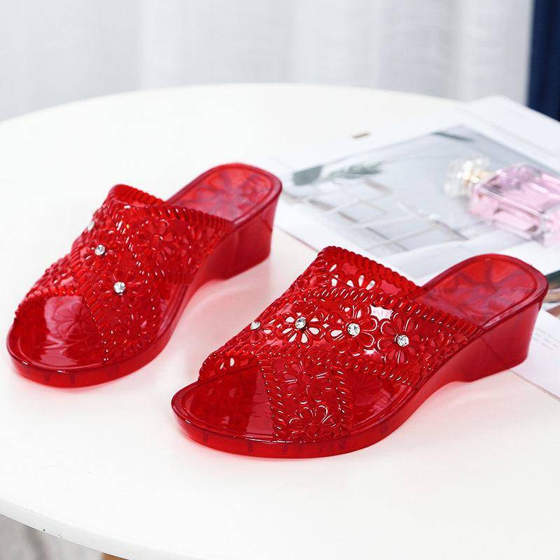 Crystal Sandals Damen Sommer High Heel Flip Flops Tragen Strand rutschfeste Hausschuhe mit schrägen Absätzen 39 rot von Joom DACH