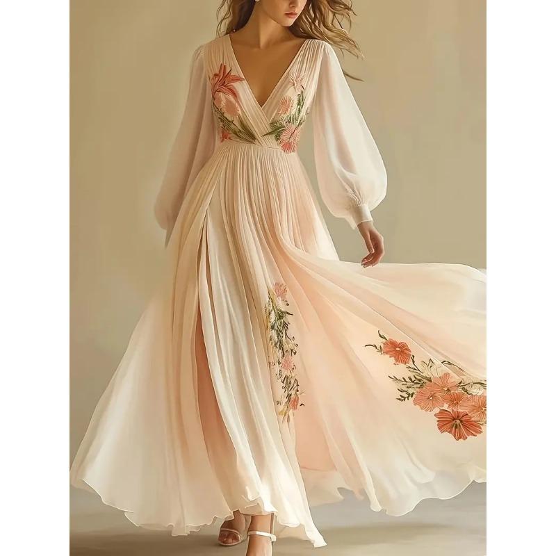 DAFIFY Damenmode Frühling Herbst Blumenmuster Druck Langarm V-Ausschnitt Hohe Taille Lässige Kleider M von Joom DACH