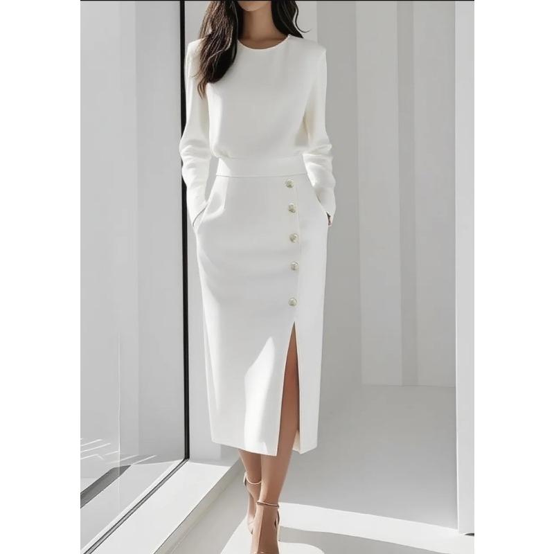 DAFIFY Damenmode Frühling Herbst Einfarbig Druck Langarm O-Ausschnitt Hohe Taille Lässige Kleider M weiß von Joom DACH