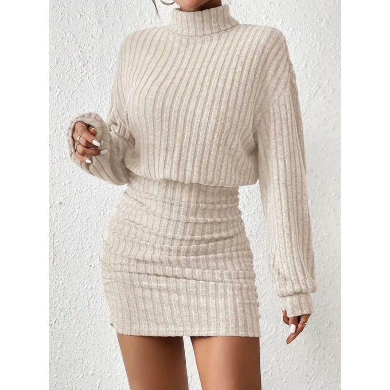 DAFIFY Damenmode Frühling Herbst Einfarbig Druck Langarm Rollkragen Hohe Taille Lässige Kleider M apricot von Joom DACH