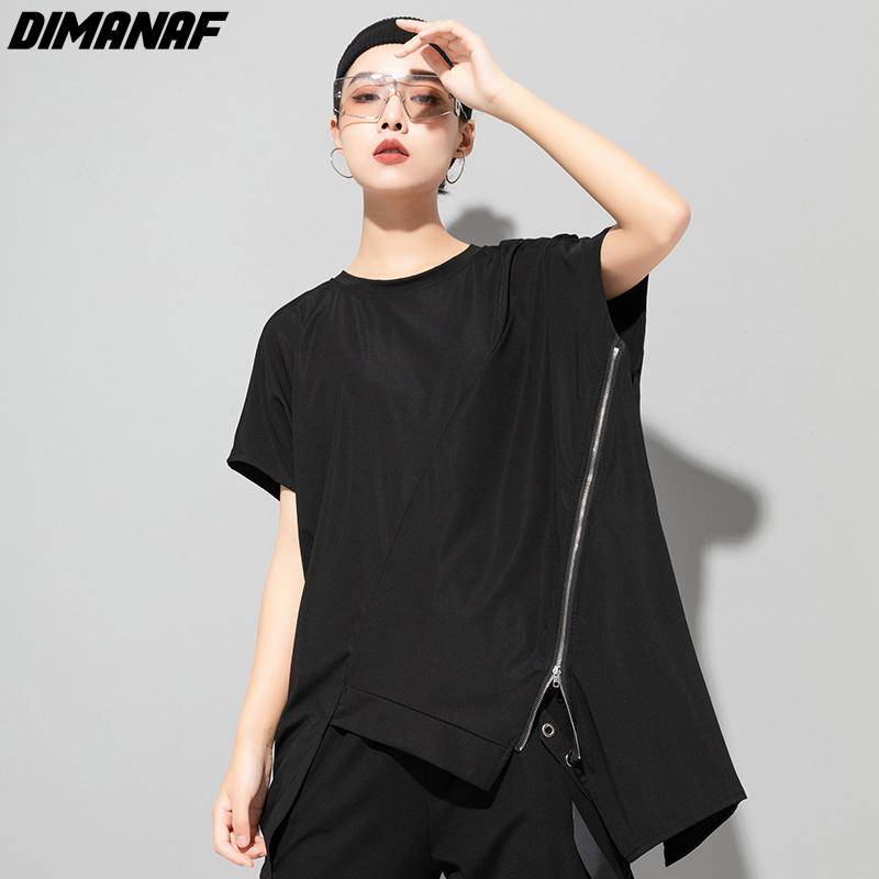 DIMANAF 2022 Plus Größe Frauen Zipper Fledermaus T-Shirt Casual Solide Tops Baumwolle Lose Oansatz Sommer Kurzarm Tees B one size schwarz von Joom DACH
