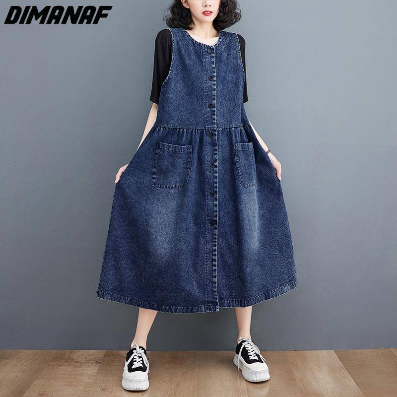 DIMANAF 2023 Plus Größe Kleid Sommer Frauen Ärmellose Lose Strand Casual Weibliche Kleider Oansatz Blau 2XL blau von Joom DACH