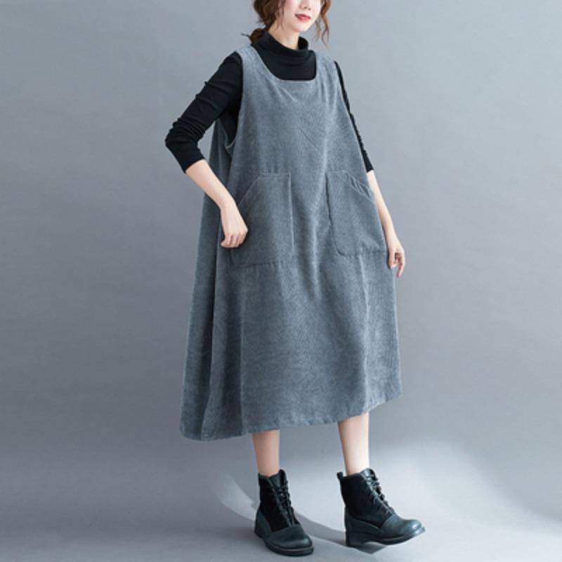 DIMANAF 2024 Damen Übergröße Herbst Ärmelloses Kleid Dame Cord Langes Kleid Lässig Großes Lockeres Kleid 2XL grau von Joom DACH