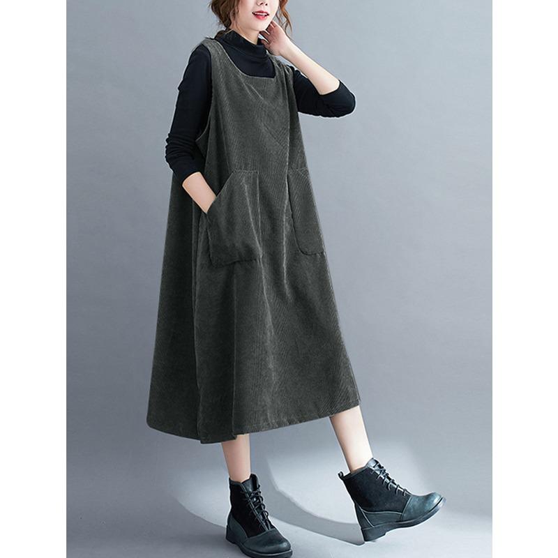 DIMANAF 2024 Damen Übergröße Herbst Ärmelloses Kleid Dame Cord Langes Kleid Lässig Großes Lockeres Kleid XL dunkelgraue von Joom DACH