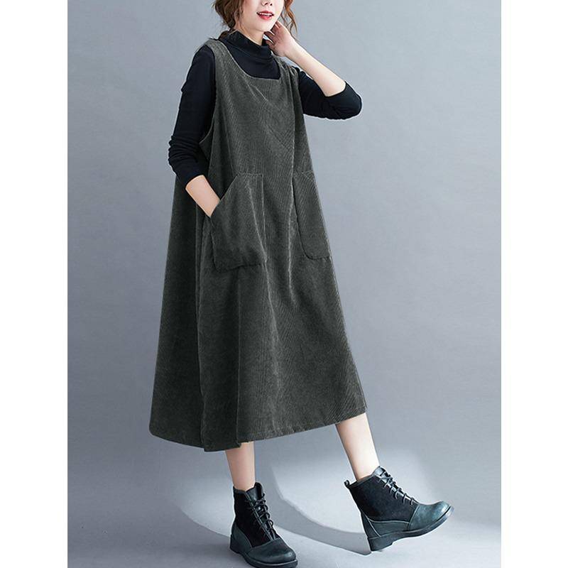 DIMANAF 2024 Damen Übergröße Herbst Ärmelloses Kleid Dame Cord Langes Kleid Lässig Großes Lockeres Kleid XL dunkelgraue von Joom DACH
