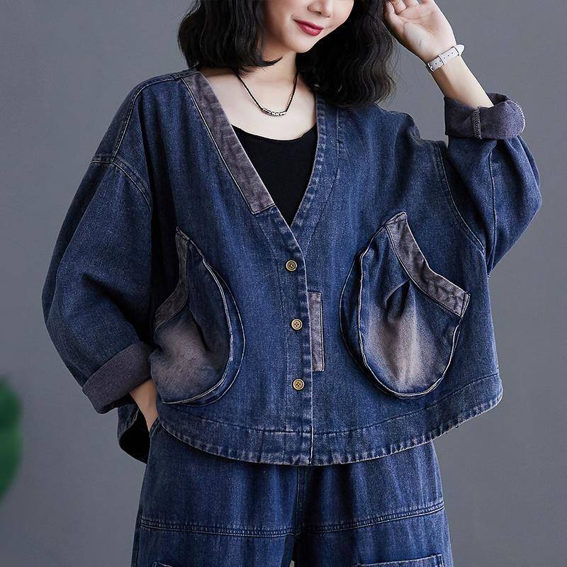 DIMANAF 2024 Frühling Mantel Denim V-ausschnitt Kurze Casual Langarm Jacke Frauen Lose Blau Patchwork Design Vintage Tops 2XL blau von Joom DACH