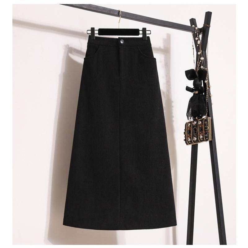 DIMANAF 2024 Plus Größe Frauen Röcke Herbst Winter Dicke Elastische Oversize Mode Split Rock Langen Rock Elegante Falten Rock 5XL schwarz von Joom DACH