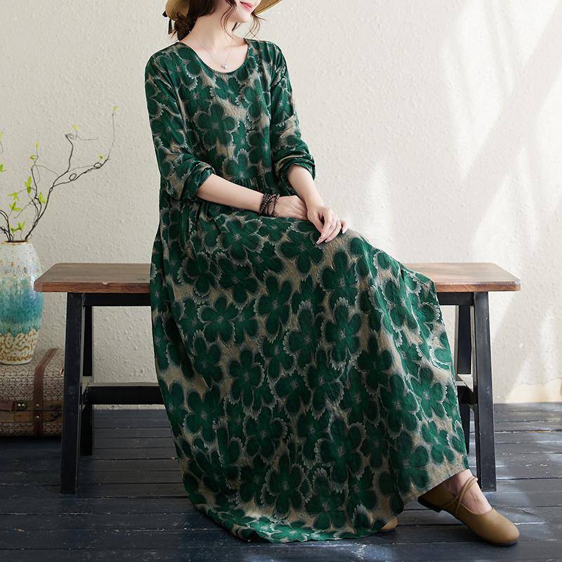 DIMANAF 2024 Plus Size Frühlingskleid Damen Druck Bohemian Freizeitkleid Blumendruck Kleid Lose Strand Freizeitkleider O-Ausschnitt Grün Weiblich XL von Joom DACH