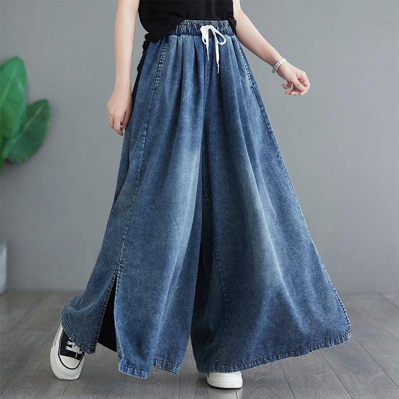 DIMANAF 2024 Sommer Große Größen Damen Jeans Lange Hosen Basic Hose Lockere Hose mit weitem Bein Lässig Einfarbig Blau Große Größe XL blau von Joom DACH