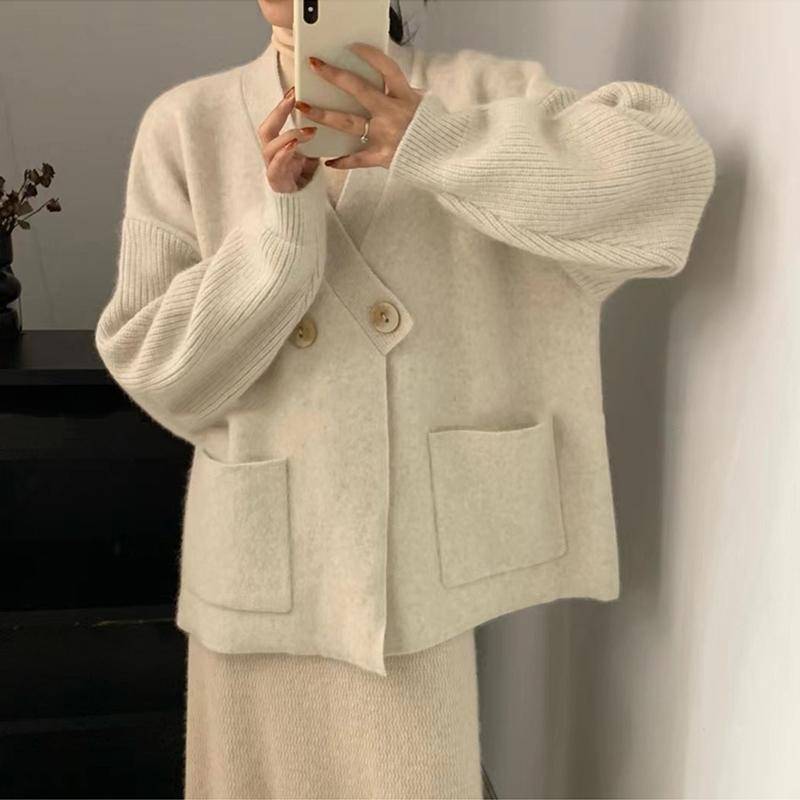 DIMANAF 2024 Winter Plus Größe Herbst Frauen Feste Tasten Pullover Jacke Stricken Mode Oversize Casual Stil Lose Strickjacke Pullover One Size beige von Joom DACH