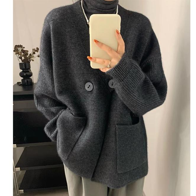 DIMANAF 2024 Winter Plus Größe Herbst Frauen Feste Tasten Pullover Jacke Stricken Mode Oversize Casual Stil Lose Strickjacke Pullover grau von Joom DACH