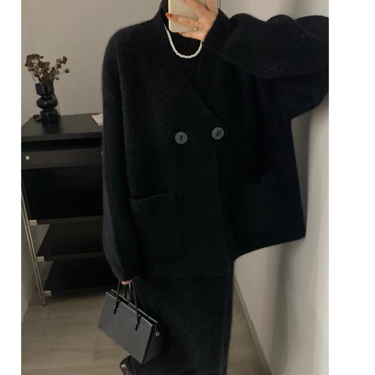 DIMANAF 2024 Winter Plus Größe Herbst Frauen Feste Tasten Pullover Jacke Stricken Mode Oversize Casual Stil Lose Strickjacke Pullover One Size schwarz von Joom DACH