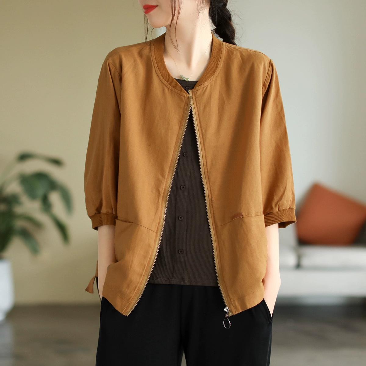 DIMANAF 2025 Frühlingsmantel Große Größe Jacke Frauen Leinen Langarm Taschen Mode Tops Tees Lose Tees Neu One Size braun von Joom DACH