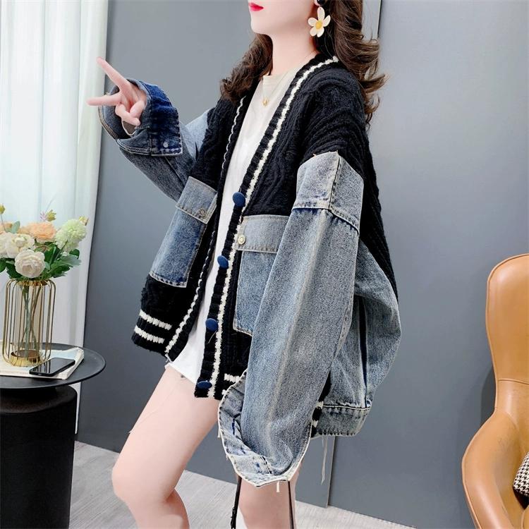 DIMANAF 2025 Wintermantel Damen Jacke Pullover Denim O-Ausschnitt Knöpfe Patchwork Stricken Basic Blau Mode Lockerer Pullover One size schwarz von Joom DACH