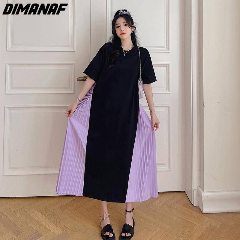 DIMANAF Damen 2023 Übergröße Neues Sommer Streifenkleid Kleid Patchwork Langes T-Shirt Kleid Locker Basic Kleider 3XL schwarz von Joom DACH