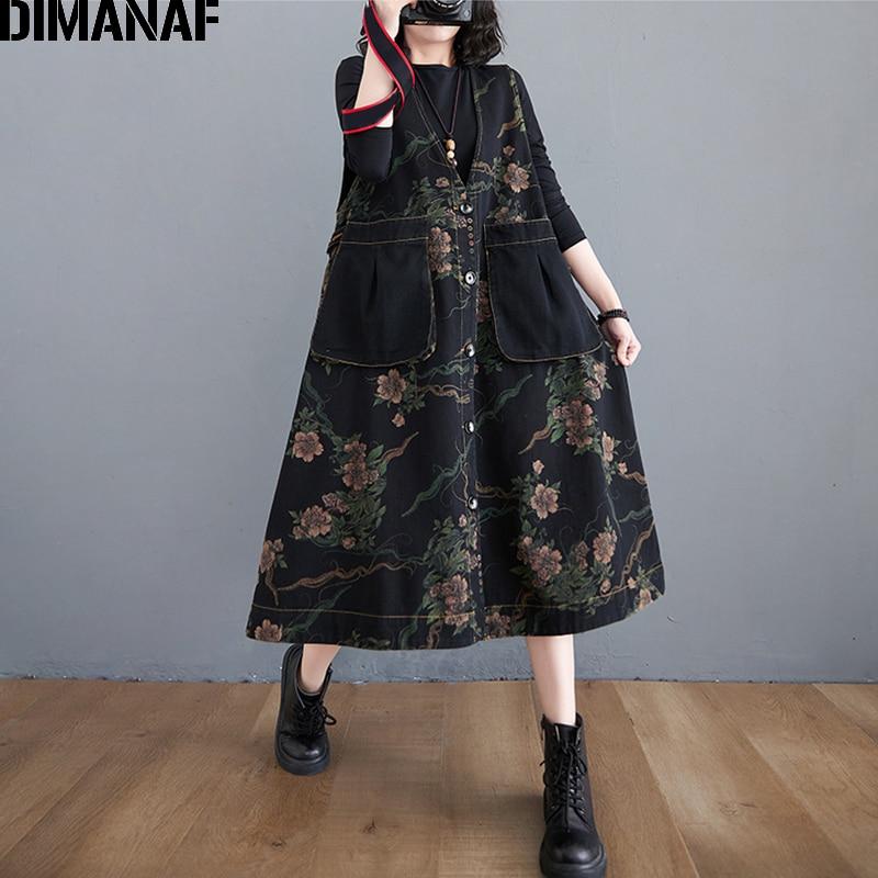 DIMANAF Plus Größe Frauen Kleid Vintage Elegante Dame Vestido Ärmelloses Blumen Druck Denim Frühling Jeans Kleid 2021 Weibliche Kleidung One Size schwarz von Joom DACH