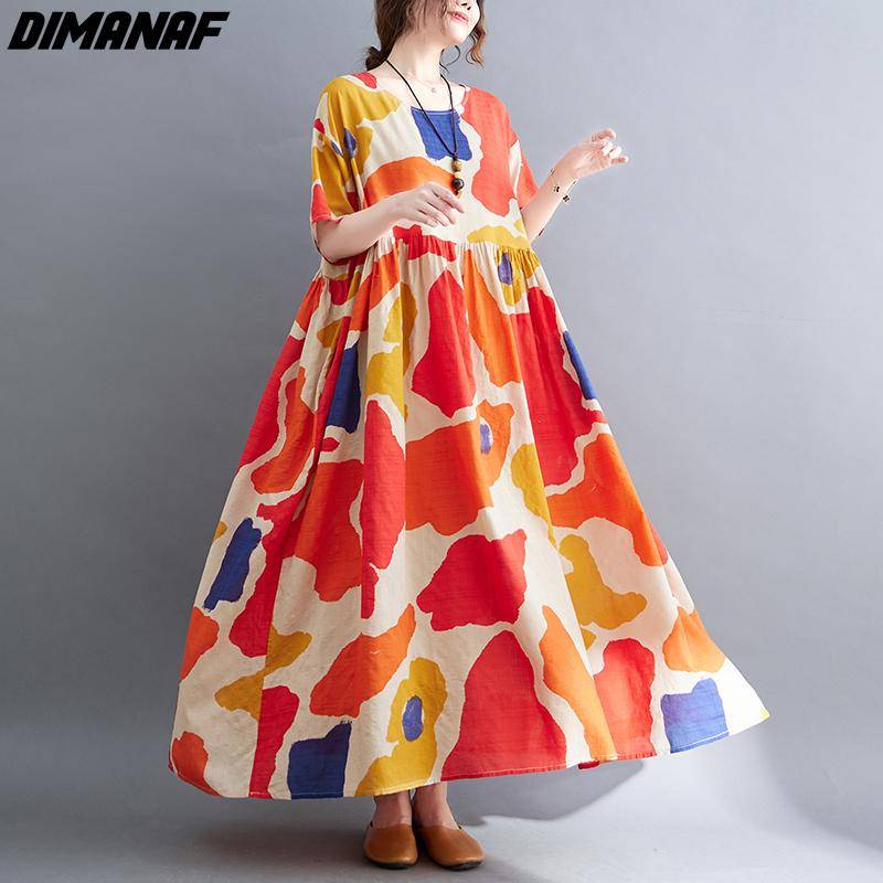 DIMANAF Plus Size 2022 Leinen Sommerkleid Strand Sonnenkleid Floral Casual Damen Kleidung Orange One Size rot von Joom DACH