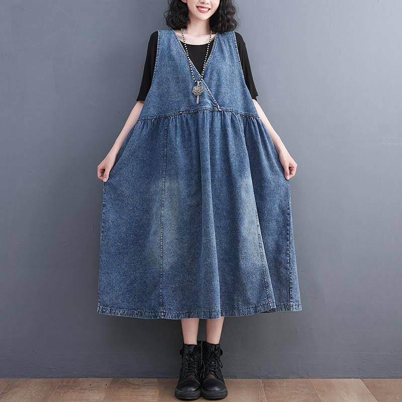 DIMANAF SHerbst Plus Size Damen Jeanskleid Ärmellose Weste Solides Vintage Langes Kleid V-Ausschnitt Kleid Lose Freizeitkleidung M blau von Joom DACH