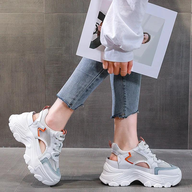 Dads Schuhe Damen Atmungsaktive Sneaker Sommer Neuer Stil Echtes Leder Lochschuhe Lässige Mesh Sportsandalen 39 blau von Joom DACH