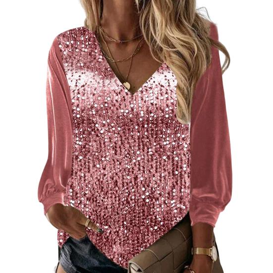 Dame Top V-ausschnitt Dressing Up Atmungsaktive Stilvolle Frauen Pailletten Frühling T-shirt Tägliche Kleidung 3XL rosa von Joom DACH