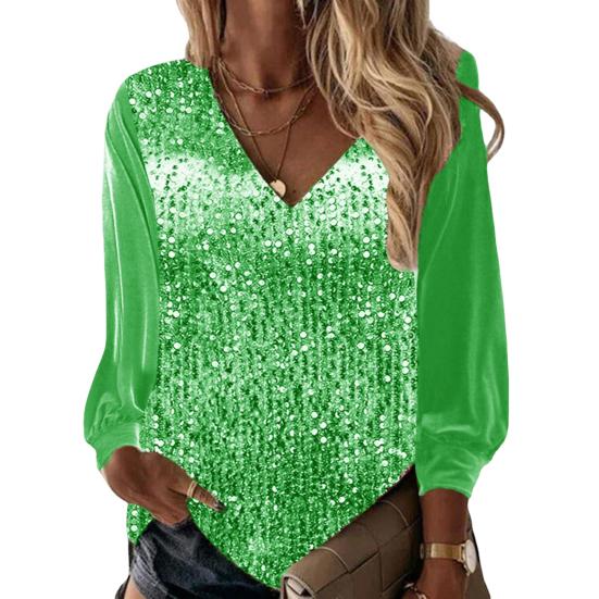 Dame Top V-ausschnitt Dressing Up Atmungsaktive Stilvolle Frauen Pailletten Frühling T-shirt Tägliche Kleidung 3XL fluoreszierende grün von Joom DACH