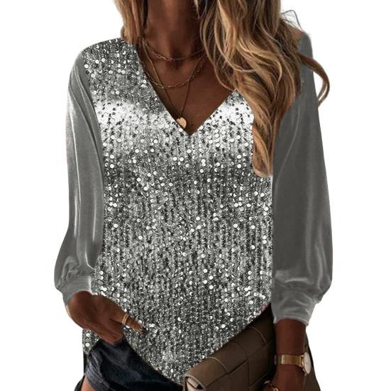 Dame Top V-ausschnitt Dressing Up Atmungsaktive Stilvolle Frauen Pailletten Frühling T-shirt Tägliche Kleidung L silber von Joom DACH