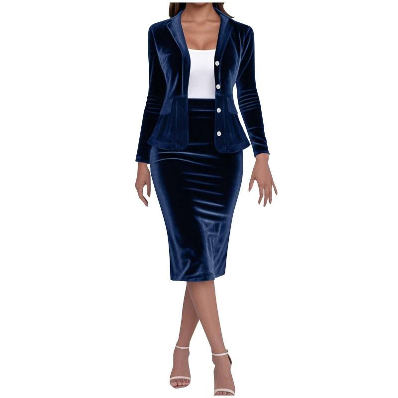 Damen 2-teiliges Samt-Anzug Rock-Set Business Arbeitsoutfit Jacken mit Rock XL dunkelblau von Joom DACH