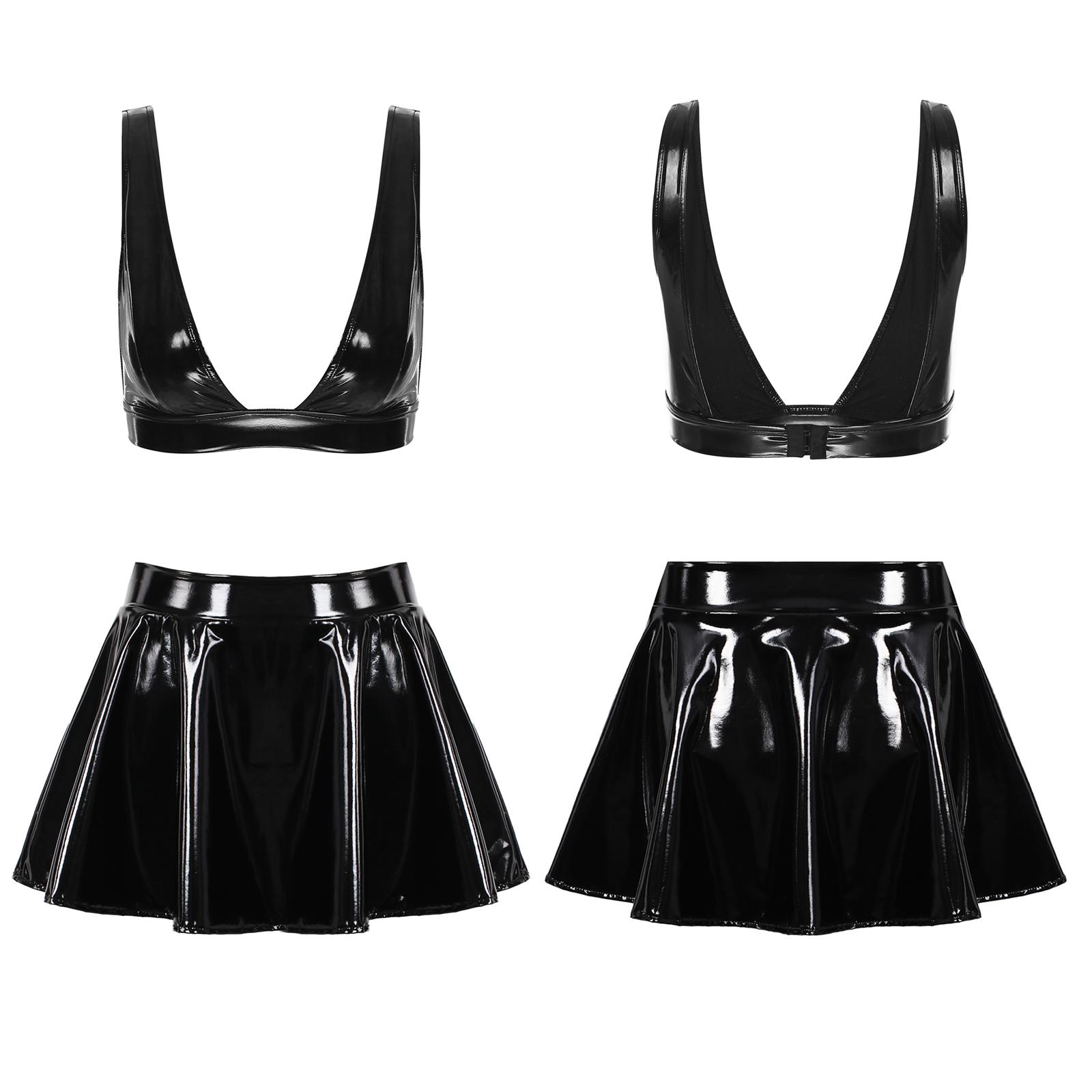 Damen 2-teiliges sexy BH-Top aus Lackleder mit ausgestellten Miniröcken Sets Rave Dance Party Clubwear L schwarz Damen 2-teiliges sexy BH-Top aus Lackleder mit ausgestellten Miniröcken Sets Rave Dance Party Clubwear L schwarz von Joom DACH