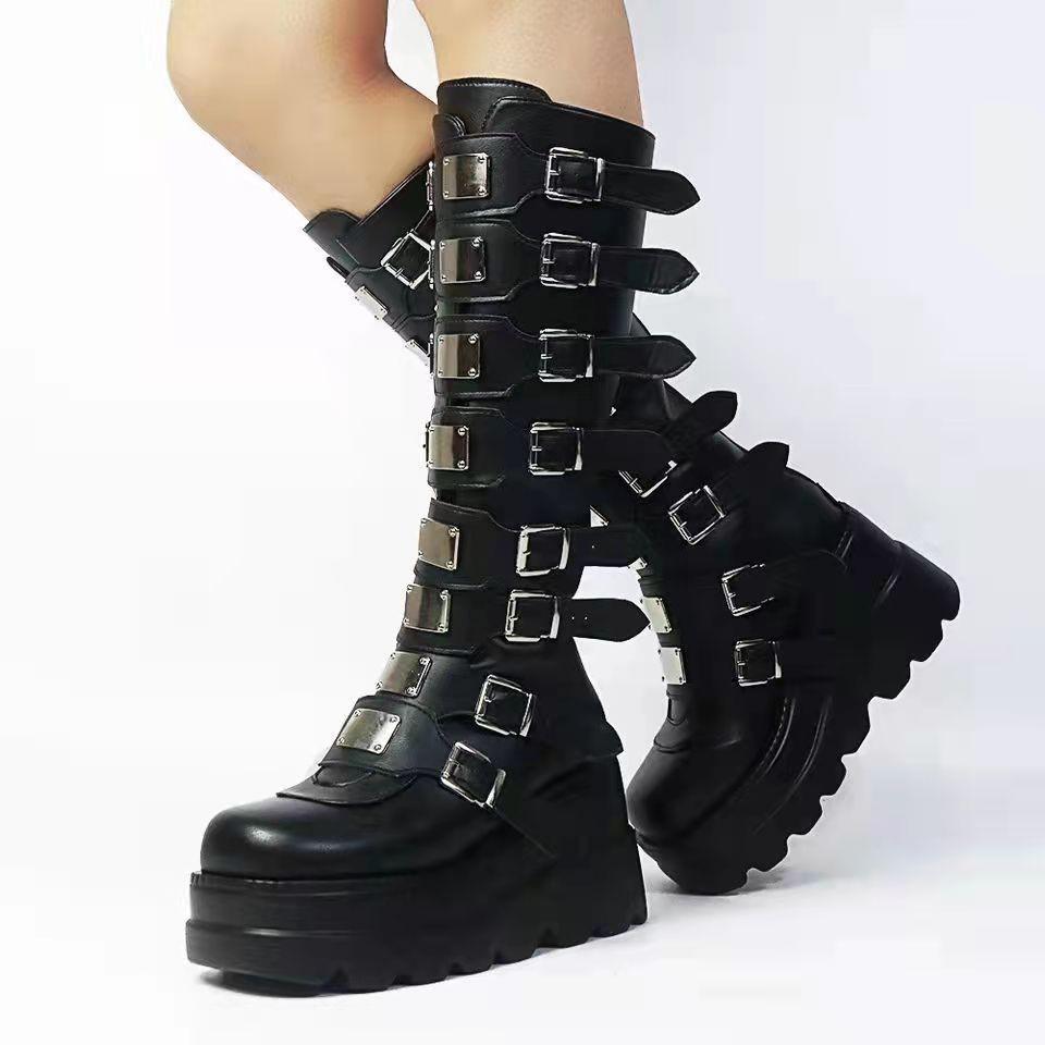 Damen 2024 Herbst/Winter Punk Gürtelschnalle Dicksohlige Ritterstiefel. 42 schwarz von Joom DACH