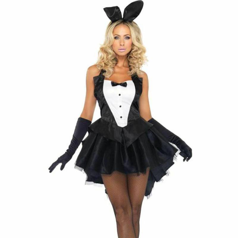 Damen 3-teiliges Häschen-Handschuhe-Stirnband-Smoking-Kleid-Cosplay-Halloween-Kostüm-Set XXL schwarz von Joom DACH