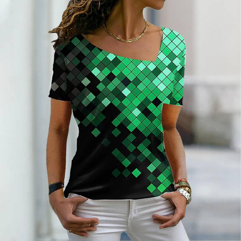 Damen 3D-Druck Bunte Pailletten Unregelmäßiger Kragen Kurzarm Base Outing T-Shirts für Frauen 5XL grün von Joom DACH