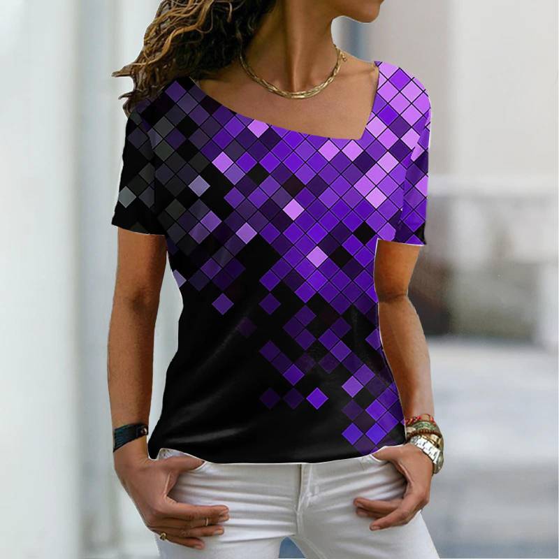 Damen 3D-Druck Bunte Pailletten Unregelmäßiger Kragen Kurzarm Base Outing T-Shirts für Frauen 6XL von Joom DACH