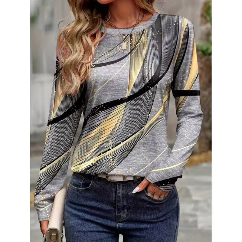 Damen 3D-gedrucktes gestreiftes elegantes bedrucktes T-Shirt Mode Langarm Rundhals Regular Oberteile Feiertagswochenende Frühling Herbst XXXL von Joom DACH