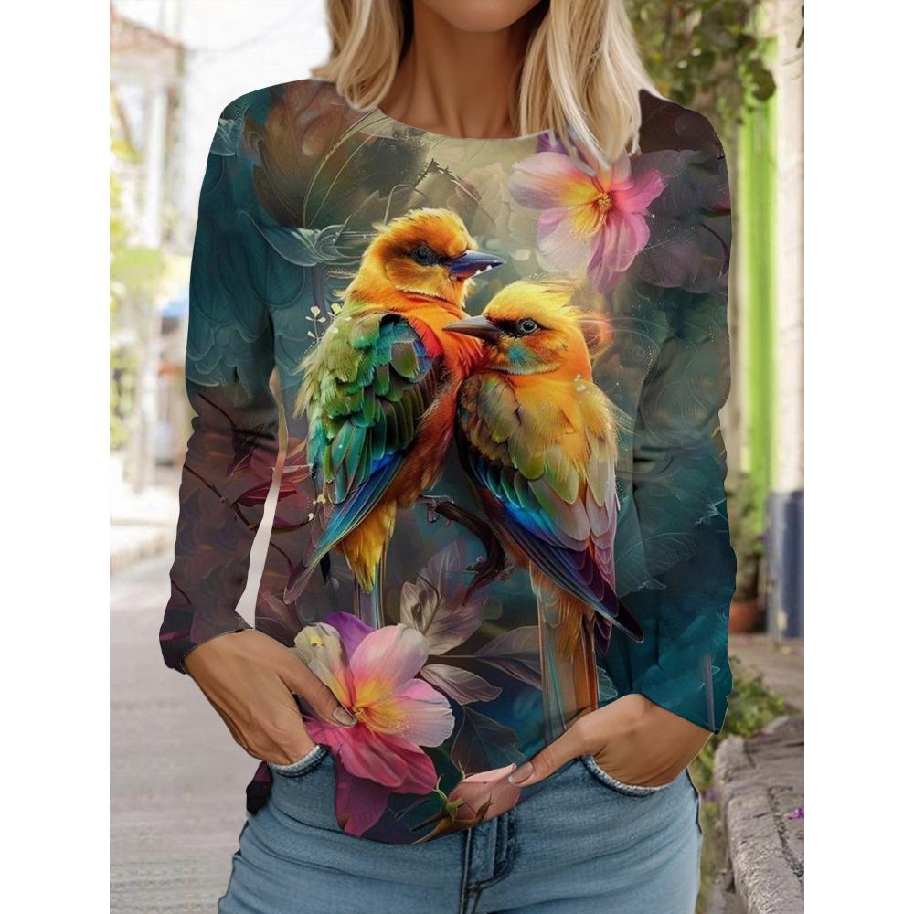 Damen 3D-gedrucktes niedliches Vogel-T-Shirt Mode Langarm Rundhals Regular Top Feiertagswochenende Blau Frühlings- und Herbst-Outfit M von Joom DACH