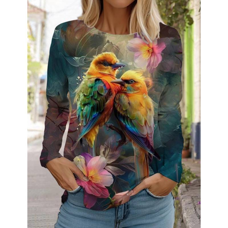 Damen 3D-gedrucktes niedliches Vogel-T-Shirt Mode Langarm Rundhals Regular Top Feiertagswochenende Blau Frühlings- und Herbst-Outfit M von Joom DACH