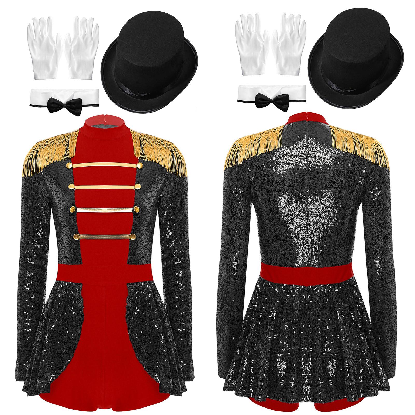 Damen 4-teiliges Zirkus-Zirkusdirektor-Kostüm mit Pailletten, Body, Frack, Jacke, Halloween-Outfits M schwarz von Joom DACH