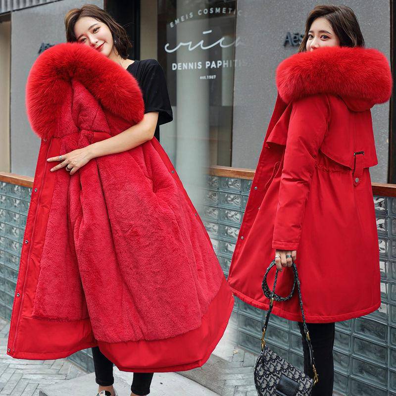 Damen 6XL Übergroße Windjacke Femal Parka Mode Wintermantel Frauen Jacke mit Fleece Lange Kapuze Parka Trenchcoats 2023 4XL rot von Joom DACH