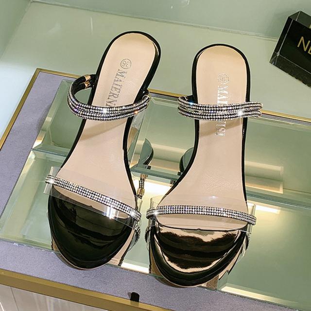 Damen 8cm High Heels Keilabsatz Plateau Sandalen Stripper Pantoletten Silber Pantoletten Lady Transparent Klar Heels Kristall Ballschuhe 35 schwarz von Joom DACH