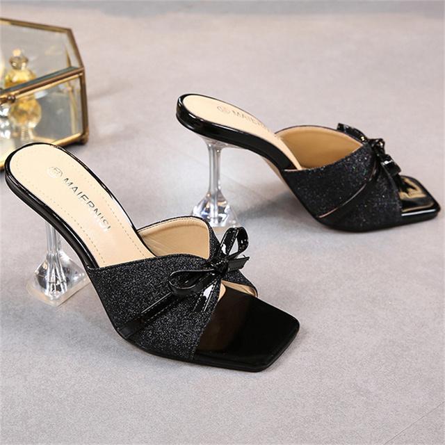 Damen 9cm High Heels Schleife Hausschuhe Pantoletten Lady Fetisch Klare Absätze Party Slides Sommer Pailletten Bling Rot Schmetterling Knoten Schuhe 42 schwarz von Joom DACH