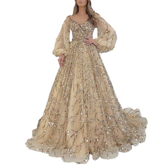 Damen-Abendkleid, V-Ausschnitt, Laternenärmel, glänzende Pailletten, Perlen, gepolstert, A-Linie, bodenlang, Netzstoff, doppellagig, Cocktailpartykleid, formelles Abendkleid 2XL goldgelb von Joom DACH