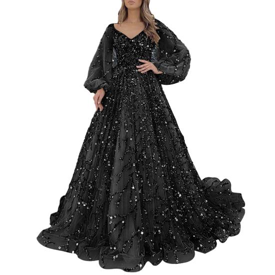 Damen-Abendkleid, V-Ausschnitt, Laternenärmel, glänzende Pailletten, Perlen, gepolstert, A-Linie, bodenlang, Netzstoff, doppellagig, Cocktailpartykleid, formelles Abendkleid 3XL schwarz von Joom DACH