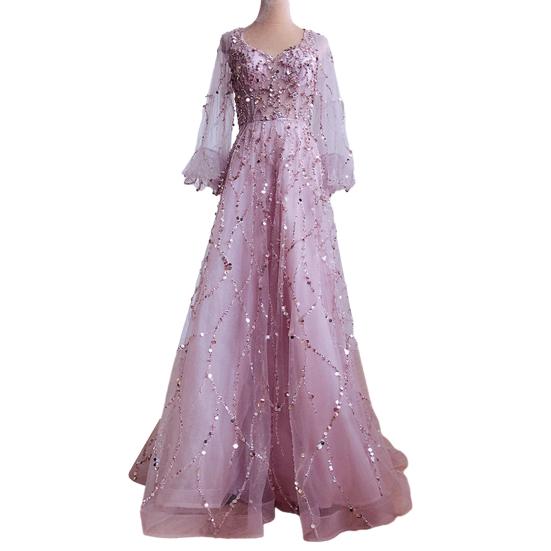 Damen-Abendkleid, V-Ausschnitt, Laternenärmel, glänzende Pailletten, Perlen, gepolstert, A-Linie, bodenlang, Netzstoff, doppellagig, Cocktailpartykleid, formelles Abendkleid L rosa von Joom DACH
